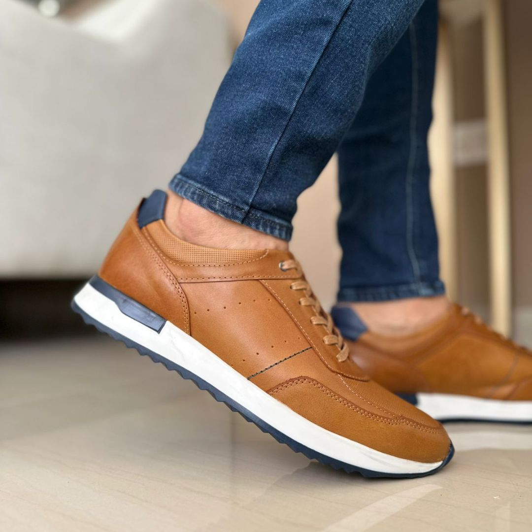 Zapato de Cuero 3086 color Miel con azul