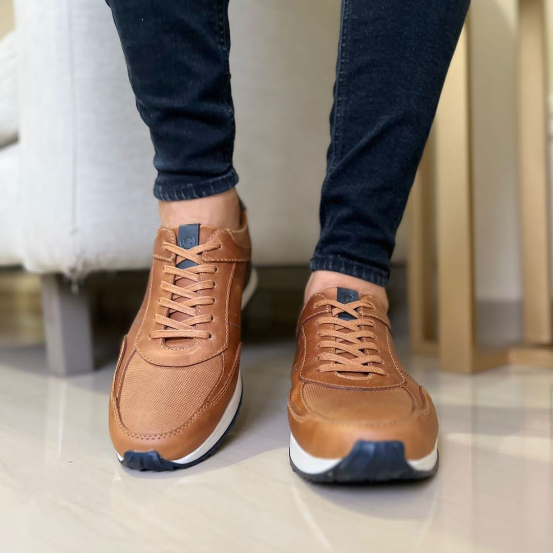 Zapato de Cuero 3086 color Miel con azul