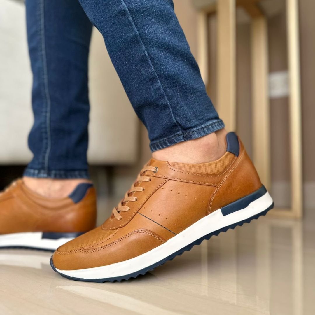 Zapato de Cuero 3086 color Miel con azul