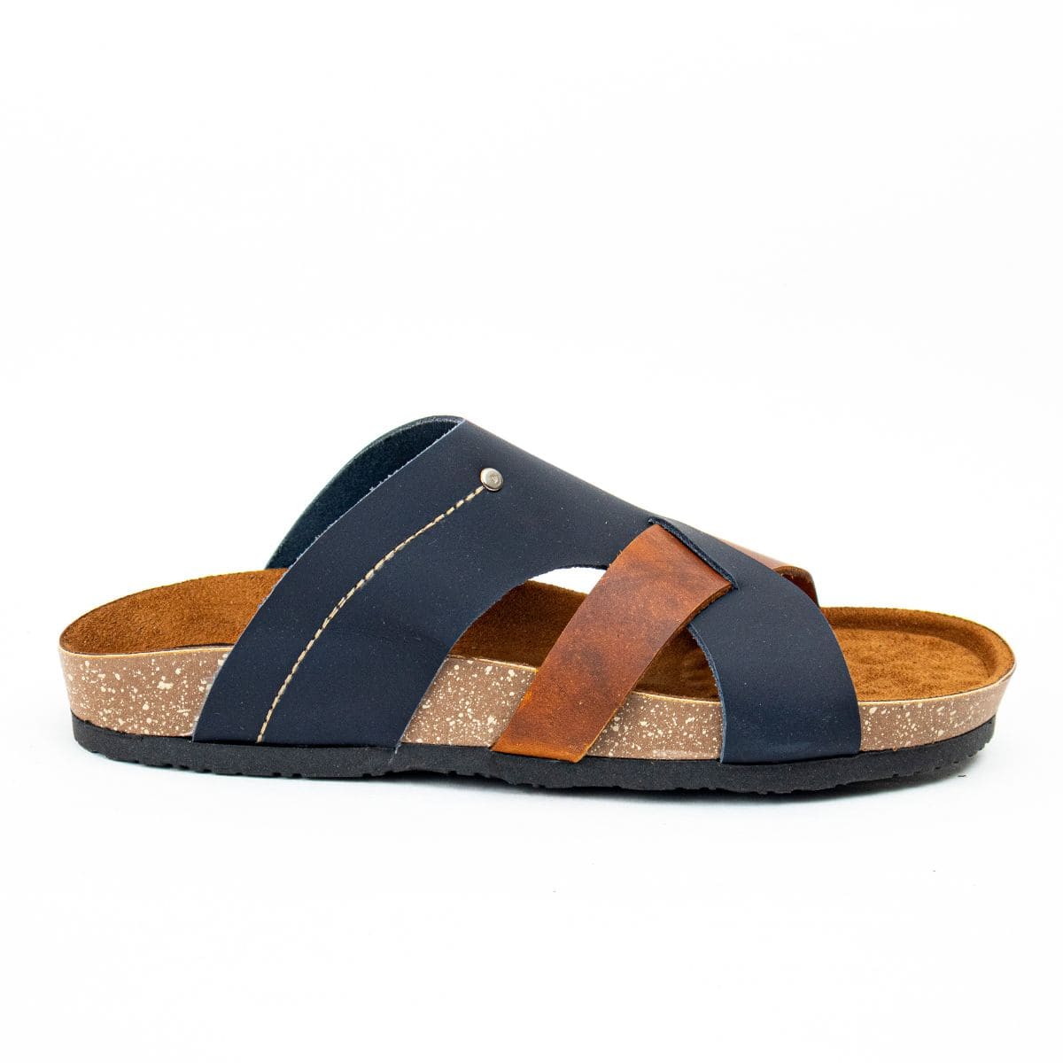 Sandalia En Cuero Color Azul Con Café Claro