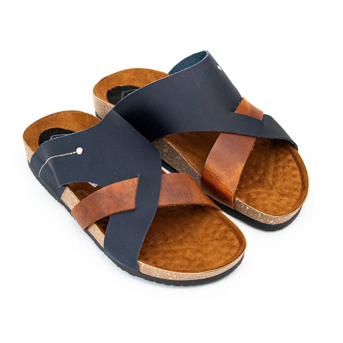Sandalia En Cuero Color Azul Con Café Claro