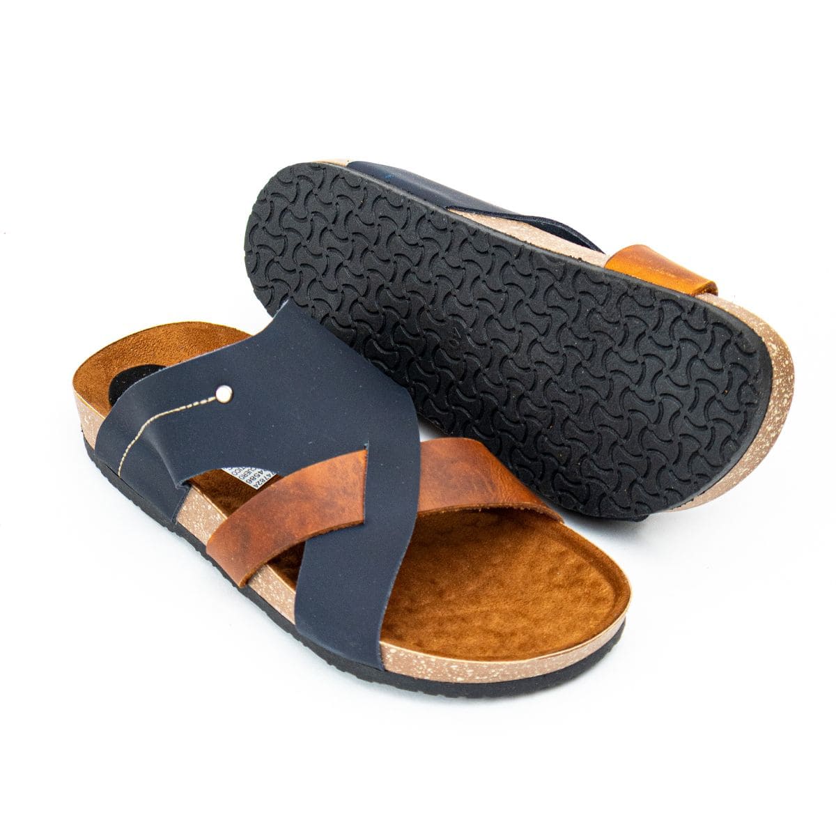 Sandalia En Cuero Color Azul Con Café Claro